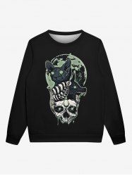 Gothic Moon Skull Cat Wolf Print Crew Neck Sweatshirt For Men -  