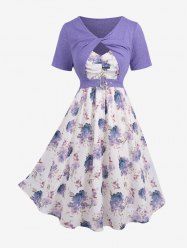 Plus Size Twist Buckle Grommets Ribbed Textured Top and Flower Printed Ruched Cami Dress -  