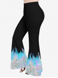 Plus Size Colorblock Glitter Sparkling Sequin 3D Print Flare Pants - Noir 2X