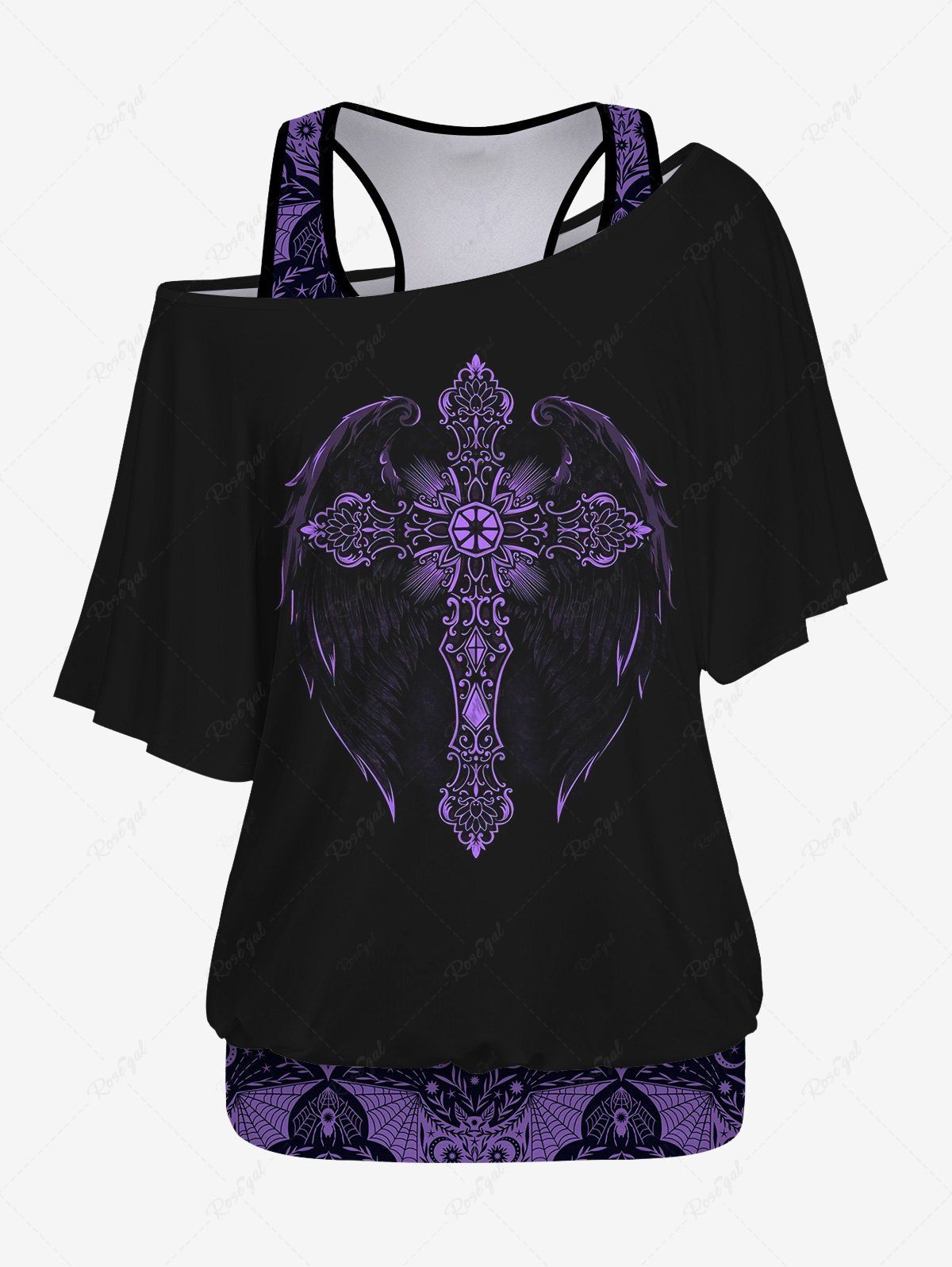 Outfit Plus Size Vintage Sun Moon Star Floral Spider Web Print Racerback Tank Top and Cross Heart Graphic T-shirt Set  