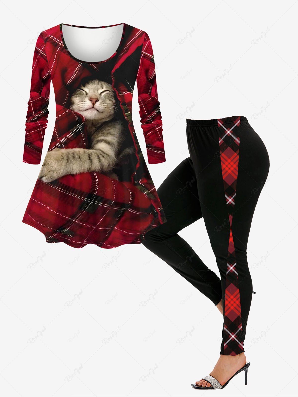 Fashion Cat Plaid Quilt 3D Printed Long Sleeve T-shirt and  Plaid Pattern Leggings Plus Size Outfit  