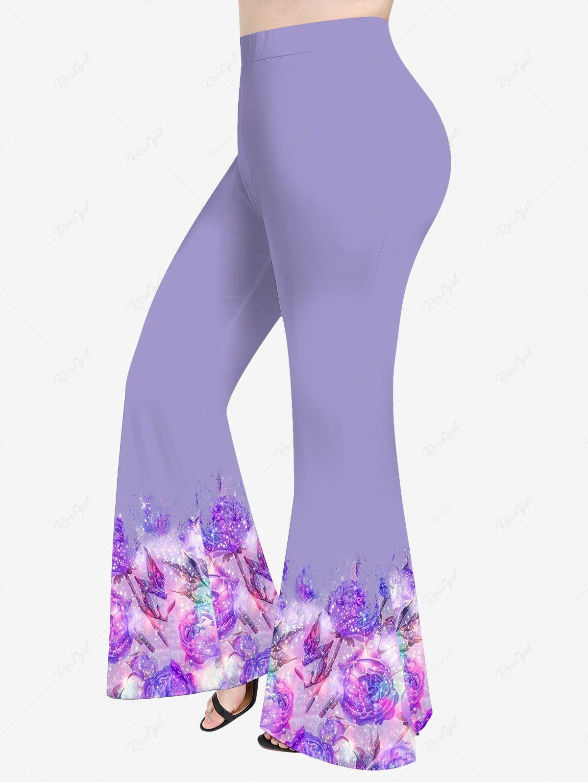 Pantalon Evasé Brillant 3D Feuille et Fleur Imprimées de Grande Taille à Paillettes Pourpre  6X