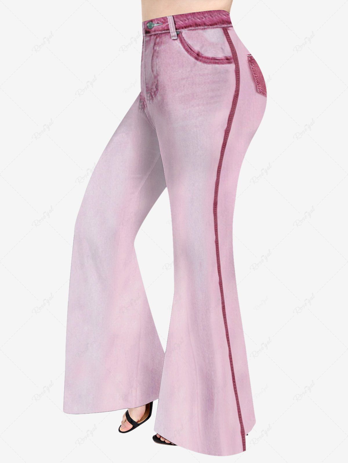 Pantalon Evasé 3D Contrasté Imprimé Ombré avec Poche de Grande Taille Rose clair 6X