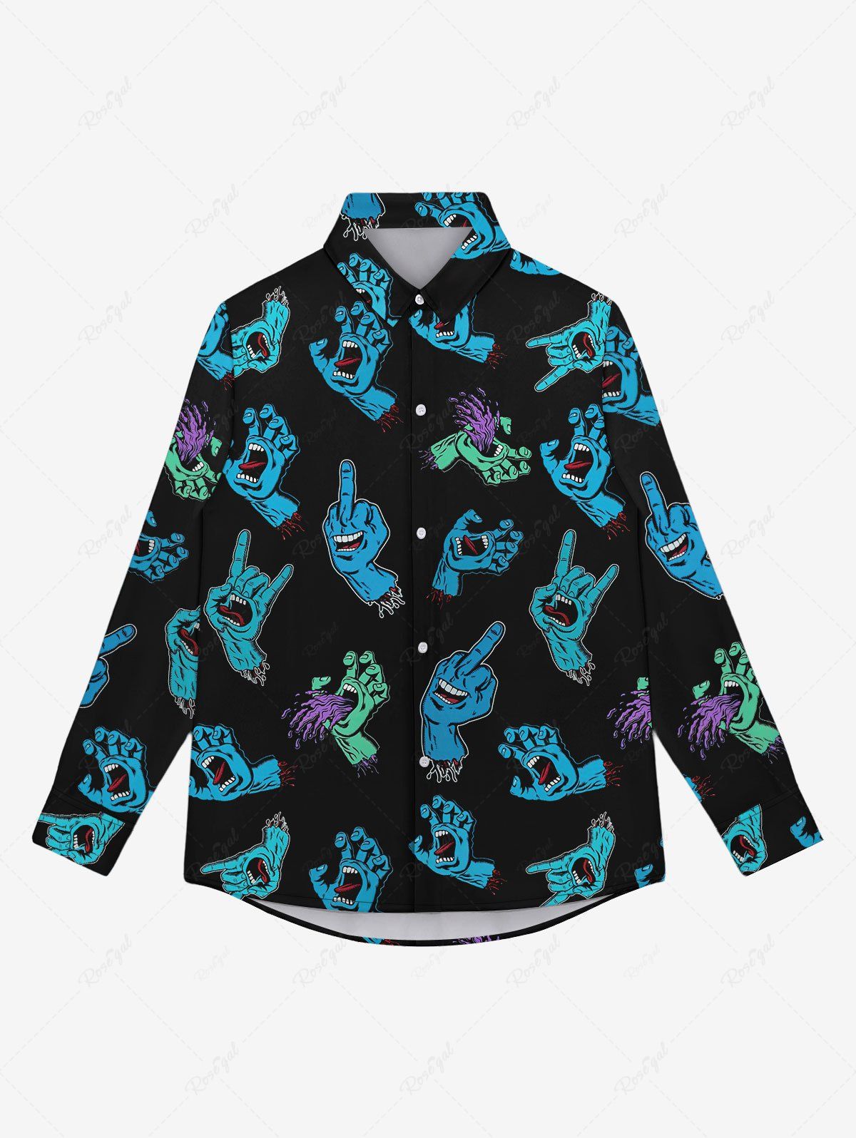 Trendy Gothic Gesture Mouth Tongue Teeth Print Button Down Shirt For Men  