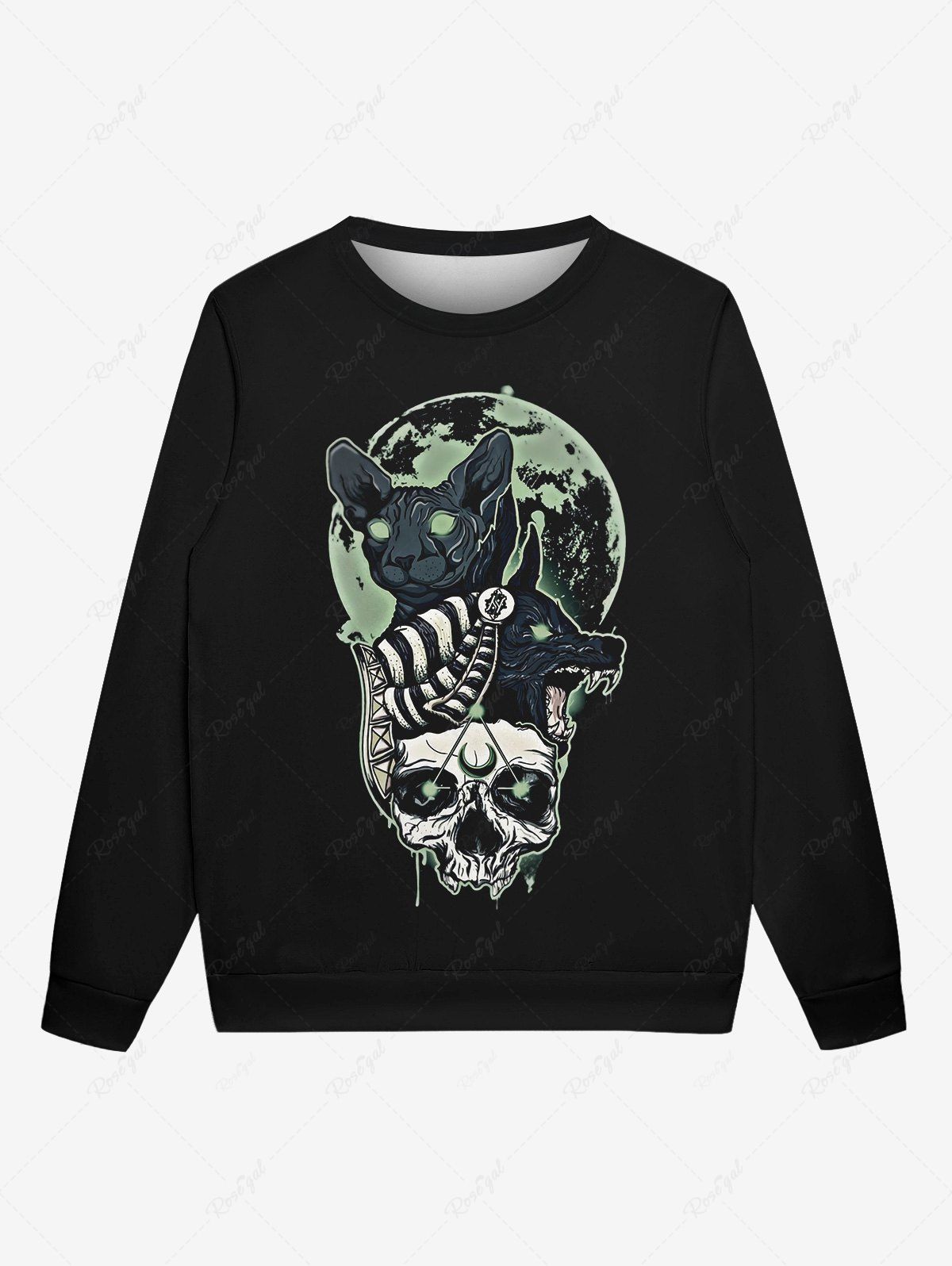 Store Gothic Moon Skull Cat Wolf Print Crew Neck Sweatshirt For Men  