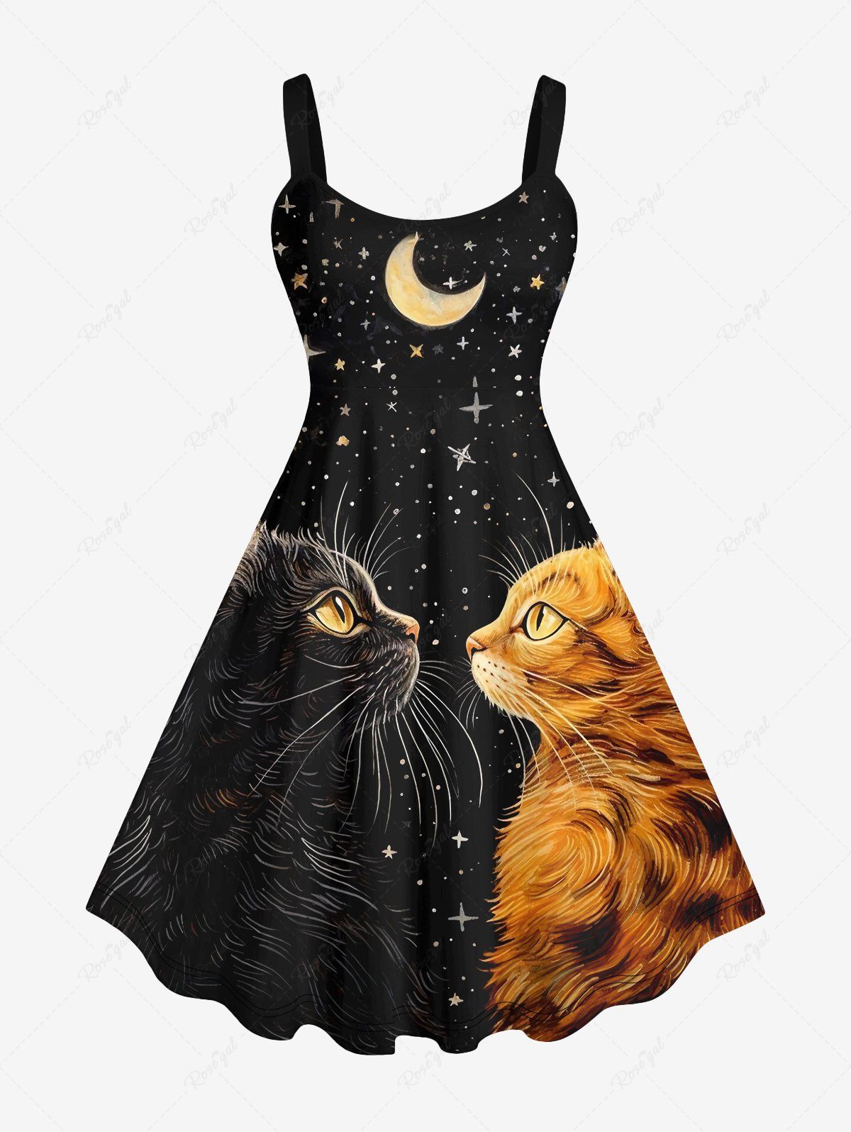 Trendy Plus Size Glitter Cat Moon Stars Galaxy Print Backless A Line Tank Dress  