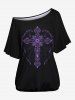 Plus Size Vintage Sun Moon Star Floral Spider Web Print Racerback Tank Top and Cross Heart Graphic T-shirt Set -  