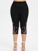 Plus Size Rose Flower Leaf Print Capri Leggings -  