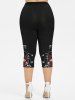 Plus Size Rose Flower Leaf Print Capri Leggings -  