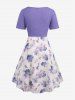 Plus Size Twist Buckle Grommets Ribbed Textured Top and Flower Printed Ruched Cami Dress -  