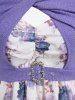 Plus Size Twist Buckle Grommets Ribbed Textured Top and Flower Printed Ruched Cami Dress -  