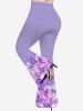 Pantalon Evasé Brillant 3D Feuille et Fleur Imprimées de Grande Taille à Paillettes - Pourpre  6X