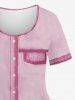Plus Size 3D Pocket Button Contrast Piping Print Ombre Short Sleeves T-shirt -  