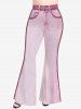 Plus Size 3D Pocket Button Contrast Piping Print Ombre Pull On Flare Pants -  