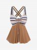 Plus Size Lattice Crisscross Ruched Polka Dots Stripes Print Ruffles Cinched Asymmetrical Skirt Tankini Set -  