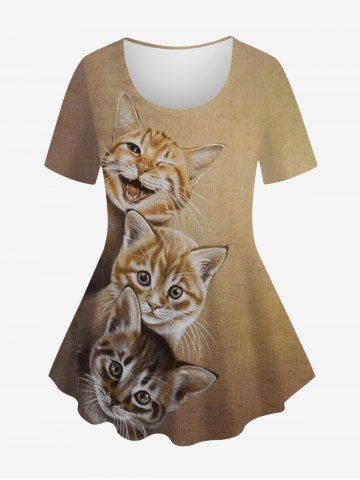 Plus Size Ombre Colorblock Cats 3D Print Crew Neck T-shirt - COFFEE - XS
