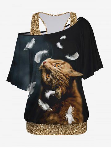 Plus Size Glitter Sparkling Sequins Racerback Tank Top and Cat Feather Print Ombre Batwing Sleeves T-shirt Set - BLACK - XS