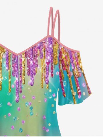 Plus Size Ombre Colorblock Paint Drop Blobs Sparkling Sequin Glitter 3D Print Cold Shoulder T-shirt