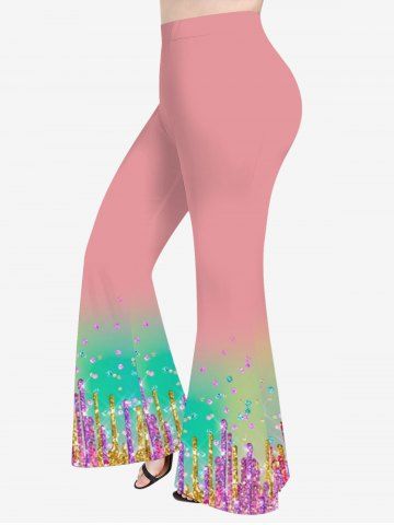 Plus Size Ombre Colorblock Paint Drop Blobs Sparkling Sequin Glitter 3D Print Flare Pants - LIGHT PINK - XS