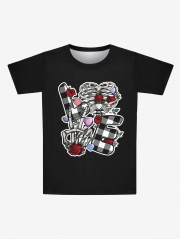 T-shirt Gothique Imprimé Lettre Squelette et Fleur à Carreaux Cœur pour Saint-Valentin - BLACK - XS
