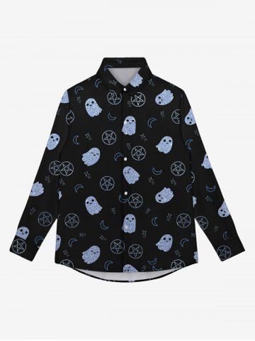 Gothic Turn-down Collar Cute Ghost Moon Star Printed Buttons Shirt For Men - BLACK - 8XL