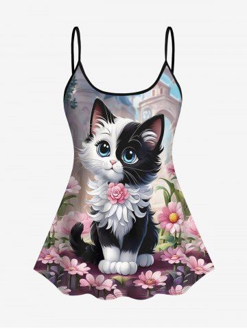 Fashion Fluffy Cute Cat Flower Leaf Castle Print Ombre Tankini Top(Adjustable Shoulder Strap) - MULTI-A - XS