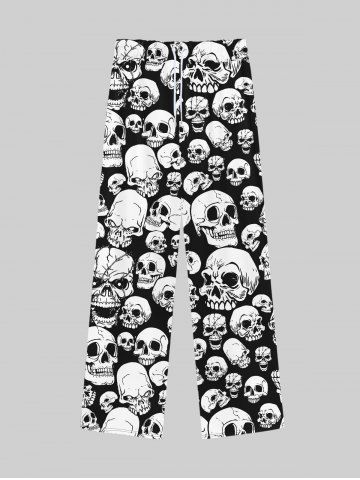 Gothic Skulls Print Drawstring Wide Leg Sweatpants For Men - BLACK - 7XL