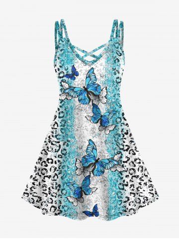 Plus Size Colorblock Leopard Butterfly Print Crisscross Cami Dress - LIGHT BLUE - 2X