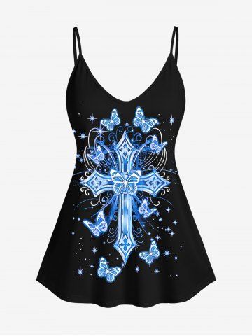 Plus Size Butterfly Cross Star Glitter 3D Print Cami Top (Adjustable Shoulder Strap) - BLUE - 1X