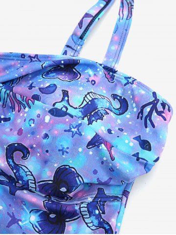 Plus Size Seahorse Starfish Shell Fishes Print Asymmetrical Ruched Twist Skirt 3 Pcs Tankini Set