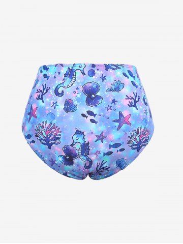 Plus Size Seahorse Starfish Shell Fishes Print Asymmetrical Ruched Twist Skirt 3 Pcs Tankini Set