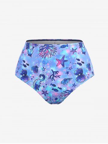 Plus Size Seahorse Starfish Shell Fishes Print Asymmetrical Ruched Twist Skirt 3 Pcs Tankini Set