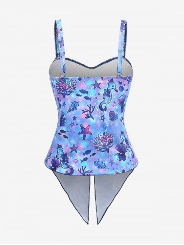 Plus Size Seahorse Starfish Shell Fishes Print Asymmetrical Ruched Twist Skirt 3 Pcs Tankini Set