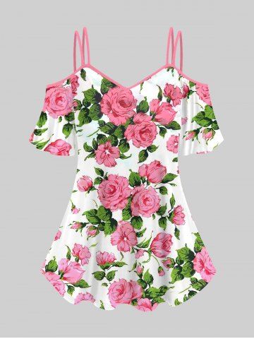 Plus Size Rose Flower Leaf Print Cold Shoulder T-shirt