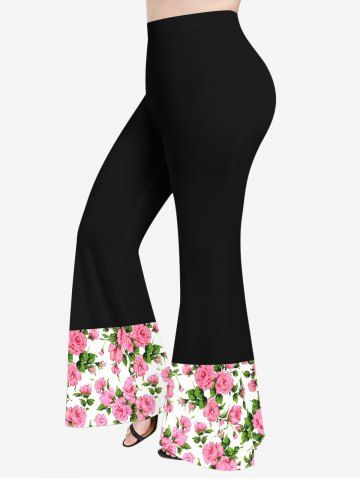 Plus Size Rose Flower Leaf Colorblock Print Flare Pants