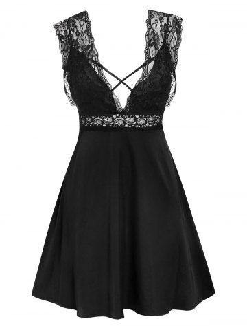 Plus Size Floral Lace Panel Plunging Crisscross Sheer A Line Lingerie Night Dress - BLACK - L | US 12