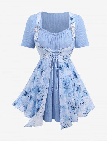 Plus Size Flowers Print Asymmetrical Grommets Lace Up Ruffles Ruched Heart Buckle Ribbed Textured 2 In 1 Top - BLUE - 1X | US 14-16