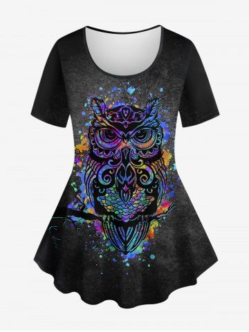 Plus Size Owl Paint Splatter Ombre Distressed Colorblock Print T-shirt - BLACK - 2X