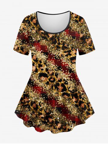 Plus Size Colorblock Leopard Glitter Sparkling Sequin 3D Print T-shirt - COFFEE - 5X