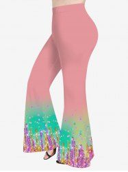 Pantalon Evasé 3D Peinture Imprimé en Blocs de Couleurs à Paillettes de Grande Taille - Rose clair 6X