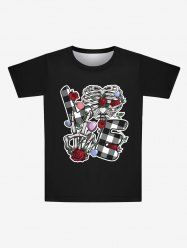 Gothic Skeleton Hand Heart Plaid Letters Rose Flower Print Valentines T-shirt For Men -  