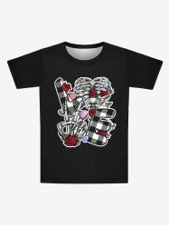 T-shirt Gothique Imprimé Lettre Squelette et Fleur à Carreaux Cœur pour Saint-Valentin - Noir 2XL