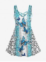 Plus Size Colorblock Leopard Butterfly Print Crisscross Cami Dress -  