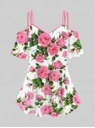 Plus Size Rose Flower Leaf Print Cold Shoulder T-shirt -  