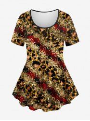 Plus Size Colorblock Leopard Glitter Sparkling Sequin 3D Print T-shirt - café 5X