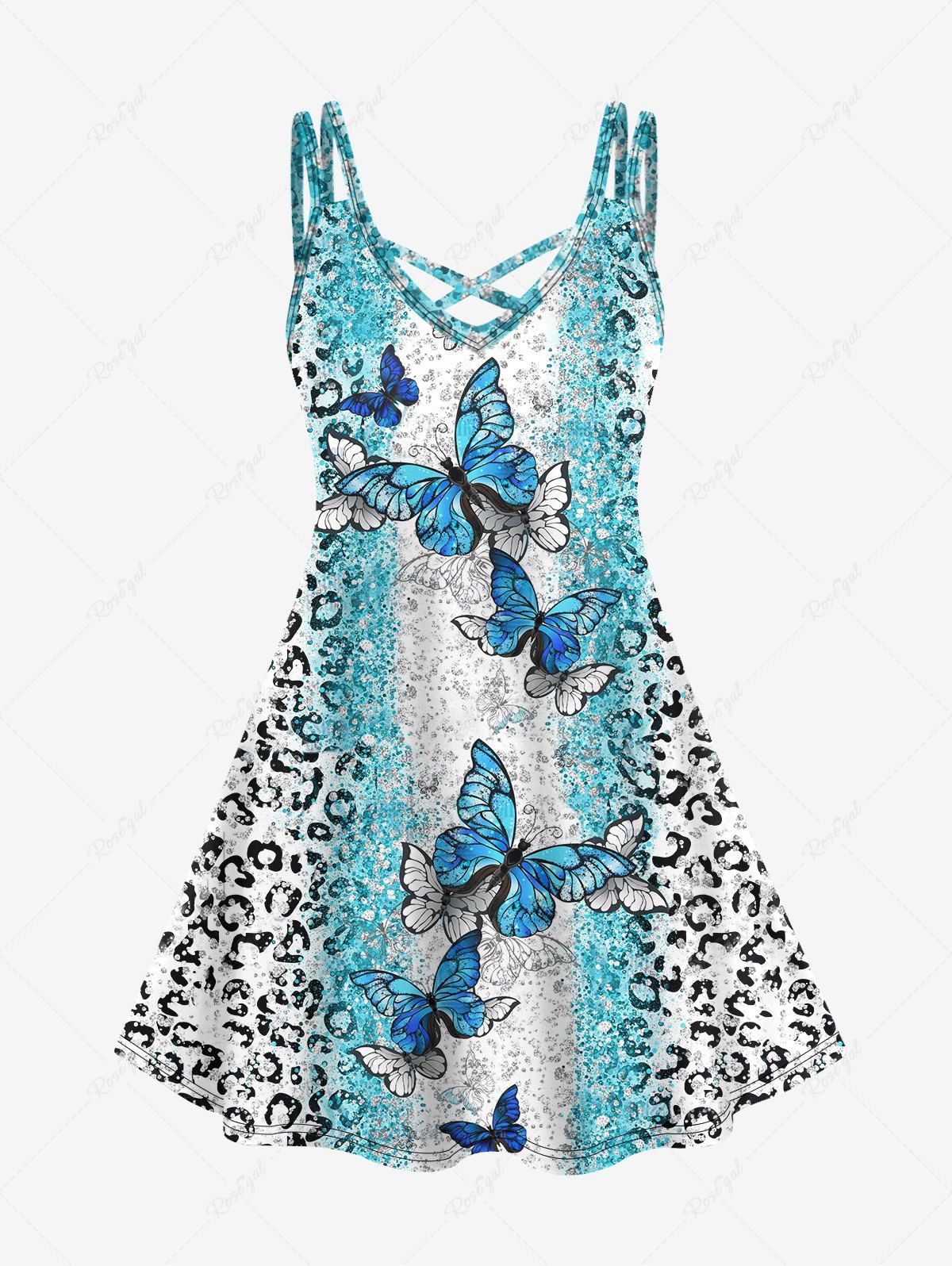 Outfits Plus Size Colorblock Leopard Butterfly Print Crisscross Cami Dress  
