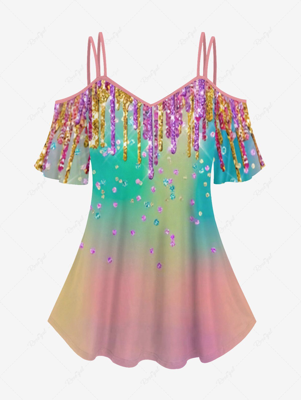 Trendy Plus Size Ombre Colorblock Paint Drop Blobs Sparkling Sequin Glitter 3D Print Cold Shoulder T-shirt  