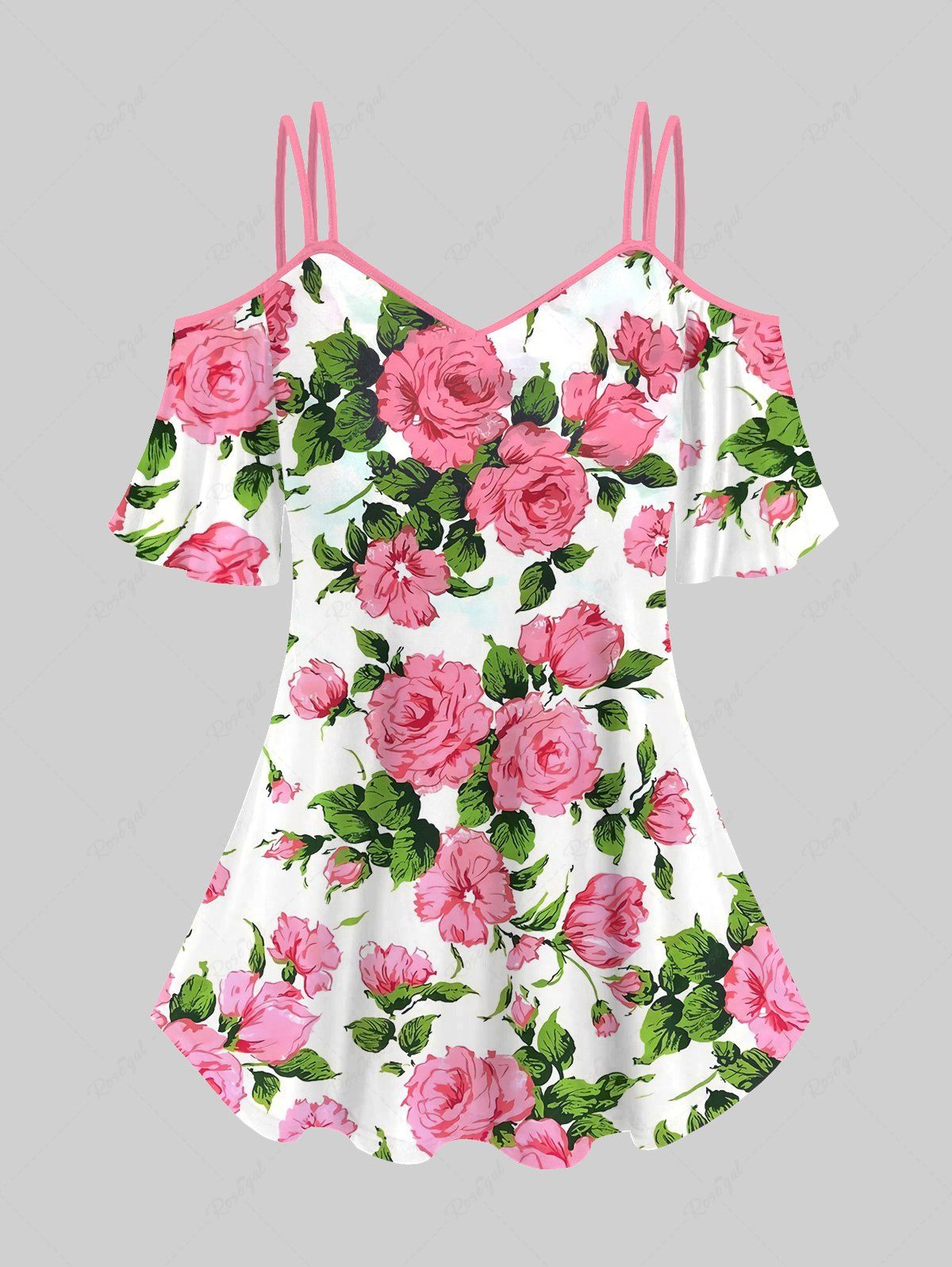 Outfit Plus Size Rose Flower Leaf Print Cold Shoulder T-shirt  
