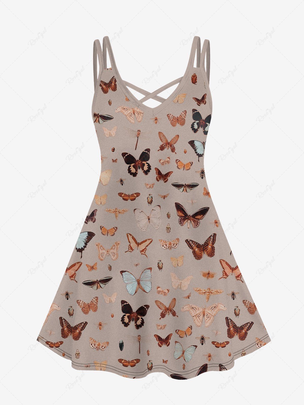 Sale Plus Size Colorful Butterfly Print Crisscross A Line Cami Dress  