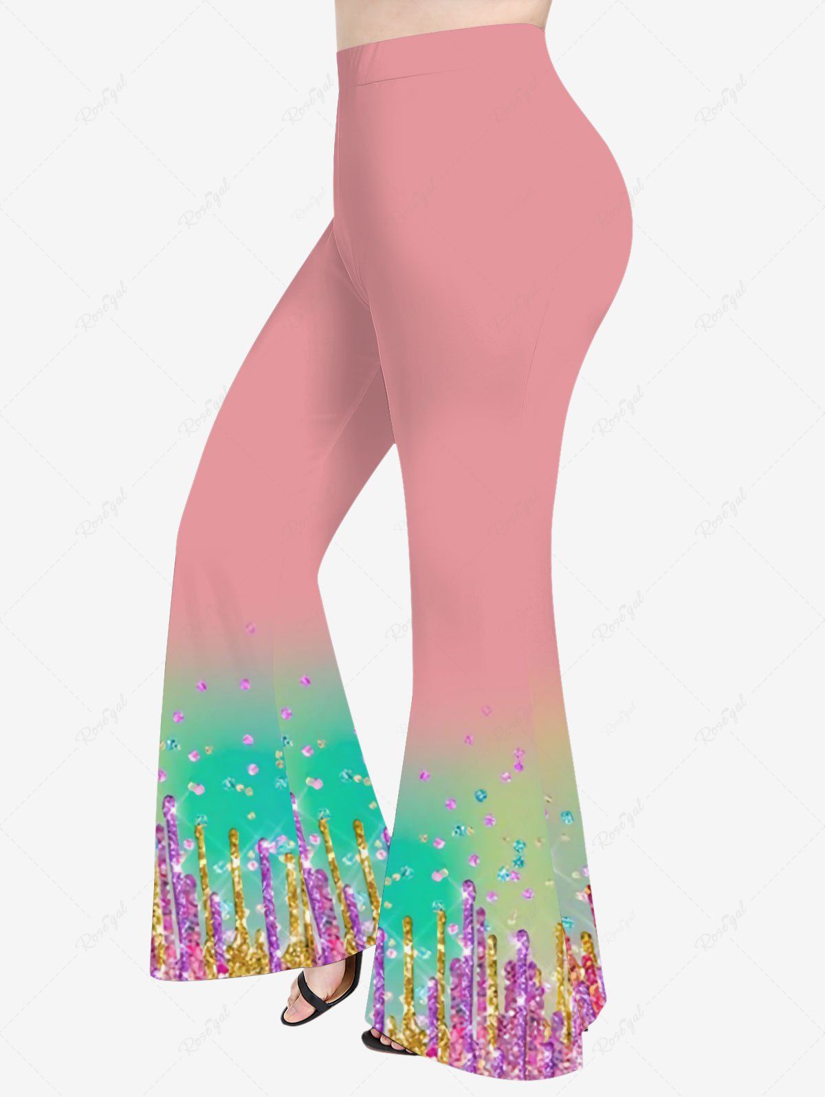 Pantalon Evasé 3D Peinture Imprimé en Blocs de Couleurs à Paillettes de Grande Taille Rose clair 6X